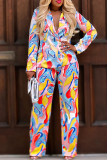 Red Street Print Buckle Patchwork Turn-back Collar Long Sleeve Two Pieces