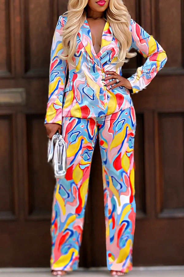 Red Street Print Buckle Patchwork Turn-back Collar Long Sleeve Two Pieces
