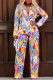 Red Street Print Buckle Patchwork Turn-back Collar Long Sleeve Two Pieces