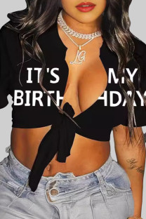 Black Sexy Letters Patchwork Strap Design Deep V Neck T-Shirts