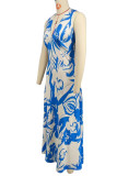 Blue Casual Print Patchwork V Neck Long Dresses