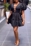 Black Casual Solid Color Basic V Neck A Line Short Sleeve Dress