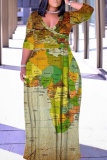 Blue Casual Print Belted V Neck Long Plus Size Dresses