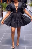 Black Casual Solid Color Basic V Neck A Line Short Sleeve Dress