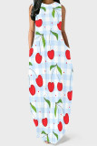Pink Elegant Print Pocket Patchwork O Neck Long Dresses