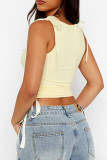Yellow Street Solid Color Patchwork Strap Design O Neck Tops