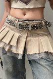 Khaki Street Solid Color Buttons Patchwork Ruched Boot Cut Low Waist Speaker Patchwork Bottoms