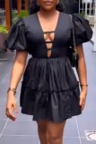 Black Casual Solid Color Basic V Neck A Line Short Sleeve Dress