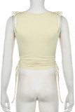 Yellow Street Solid Color Patchwork Strap Design O Neck Tops