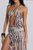 Brown Elegant Print Hollow Out Patchwork High Slit Long Dresses