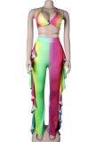 Blue Street Gradient Color Patchwork Backless Strap Design Ruffled Trim Spaghetti Strap Three Pieces