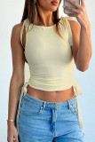 Yellow Street Solid Color Patchwork Strap Design O Neck Tops