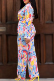Red Street Print Buckle Patchwork Turn-back Collar Long Sleeve Two Pieces