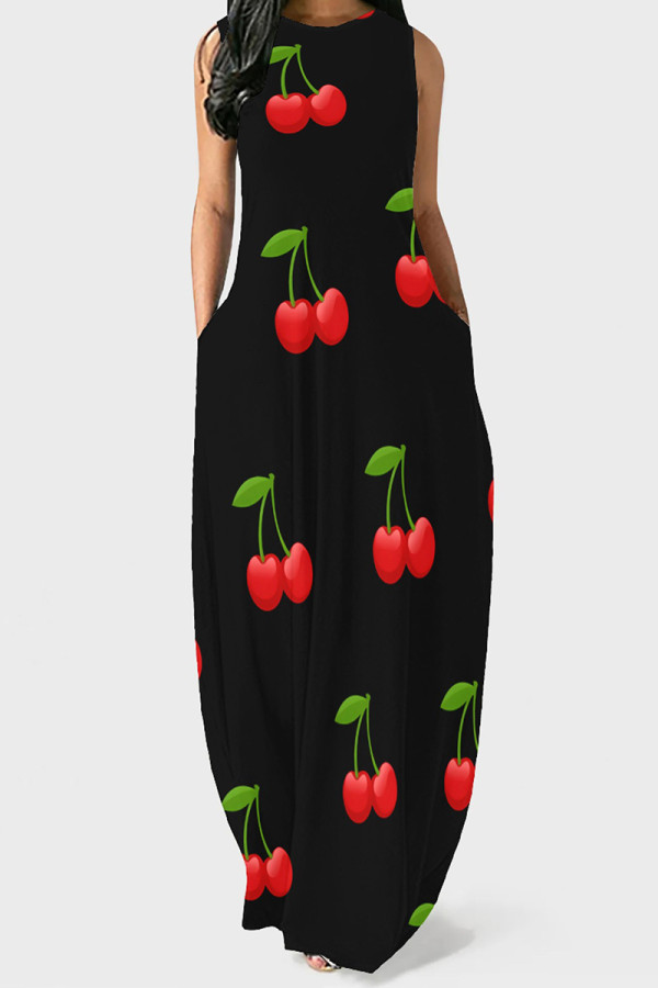 Black Elegant Print Pocket Patchwork O Neck Long Dresses