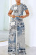 The cowboy blue Casual Print Basic O Neck Short Sleeve Two Pieces