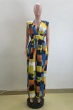 Multicolor Casual Print Patchwork V Neck Regular Jumpsuits