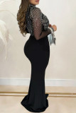 Black Elegant Solid Color Patchwork High Slit Hot Drill O Neck Long Dresses