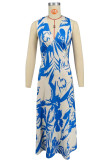 Blue Casual Print Patchwork V Neck Long Dresses