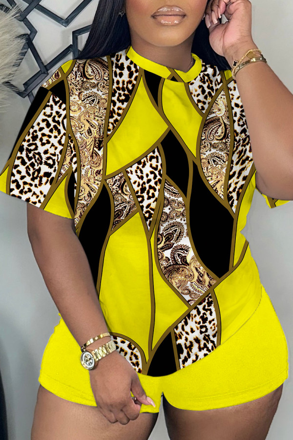 Yellow Black Print Basic O Neck Short Sleeve Two Pieces
