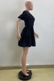 Black Casual Solid Color Basic V Neck A Line Short Sleeve Dress