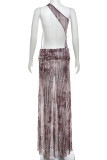 Brown Elegant Print Hollow Out Patchwork High Slit Long Dresses