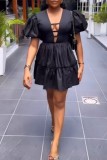 Black Casual Solid Color Basic V Neck A Line Short Sleeve Dress