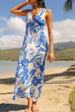 Blue Casual Print Patchwork V Neck Long Dresses