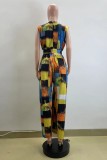 Multicolor Casual Print Patchwork V Neck Regular Jumpsuits