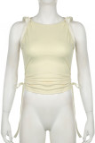 Yellow Street Solid Color Patchwork Strap Design O Neck Tops
