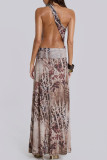Brown Elegant Print Hollow Out Patchwork High Slit Long Dresses