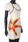 Yellow Elegant Print Patchwork O Neck Short Sleeve Two Pieces