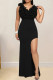 Black Elegant Solid Color Patchwork High Slit Ruffled Trim V Neck Long Dresses