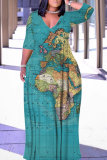 Blue Casual Print Belted V Neck Long Plus Size Dresses