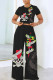 Black Casual Print Basic O Neck Short Sleeve Two Pieces
