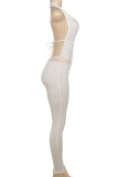 White Sexy Solid Color Lace Hollow Out Patchwork Backless Strap Design Halter Skinny Jumpsuits
