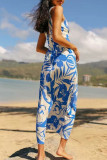 Blue Casual Print Patchwork V Neck Long Dresses