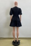 Black Casual Solid Color Basic V Neck A Line Short Sleeve Dress