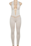White Sexy Solid Color Lace Hollow Out Patchwork Backless Strap Design Halter Skinny Jumpsuits