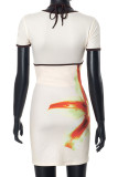 Yellow Elegant Print Patchwork O Neck Short Sleeve Two Pieces