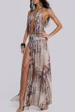 Brown Elegant Print Hollow Out Patchwork High Slit Long Dresses