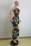 Multicolor Casual Print Patchwork V Neck Regular Jumpsuits
