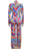 Red Street Print Buckle Patchwork Turn-back Collar Long Sleeve Two Pieces