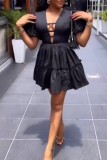 Black Casual Solid Color Basic V Neck A Line Short Sleeve Dress