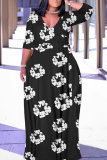 Blue Casual Print Belted V Neck Long Plus Size Dresses