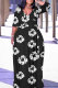 Black And White Casual Print Belted V Neck Long Plus Size Dresses