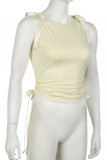 Yellow Street Solid Color Patchwork Strap Design O Neck Tops