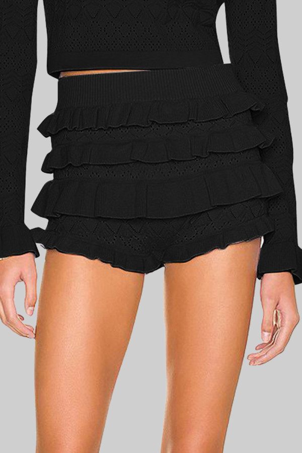 Black Sexy Solid Color Patchwork Ruffled Trim Regular Mid Waist Patchwork Bottoms