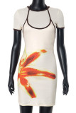 Yellow Elegant Print Patchwork O Neck Short Sleeve Two Pieces