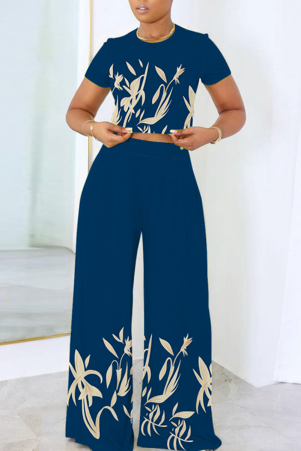 Navy Blue Casual Print Basic O Neck Short Sleeve Two Pieces