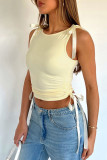 Yellow Street Solid Color Patchwork Strap Design O Neck Tops